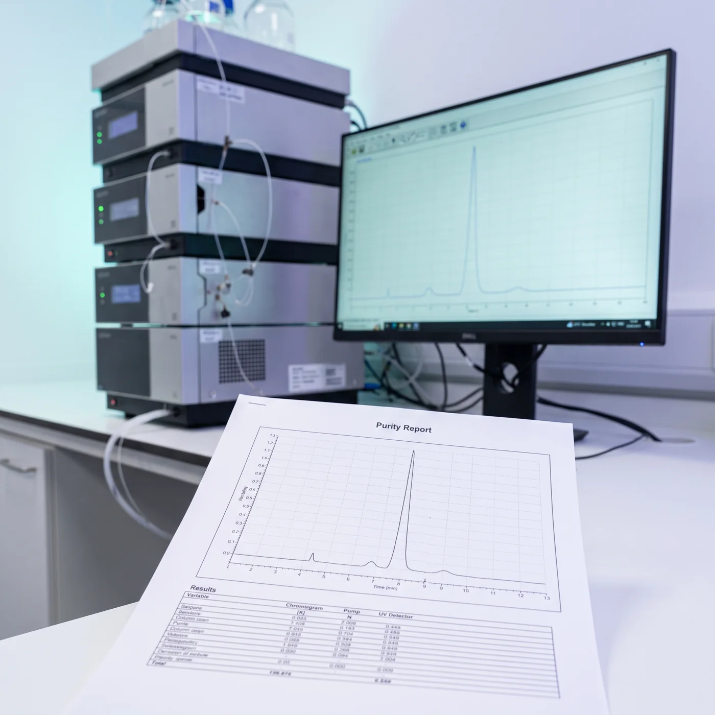 The HPLC bench: the instrument, its chromatogram on screen, and the printed purity report