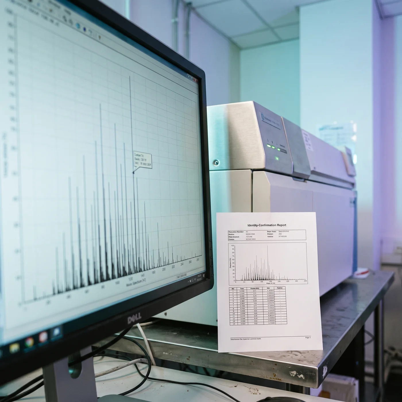 The mass spectrum and its identity-confirmation report, matching the compound to its weight