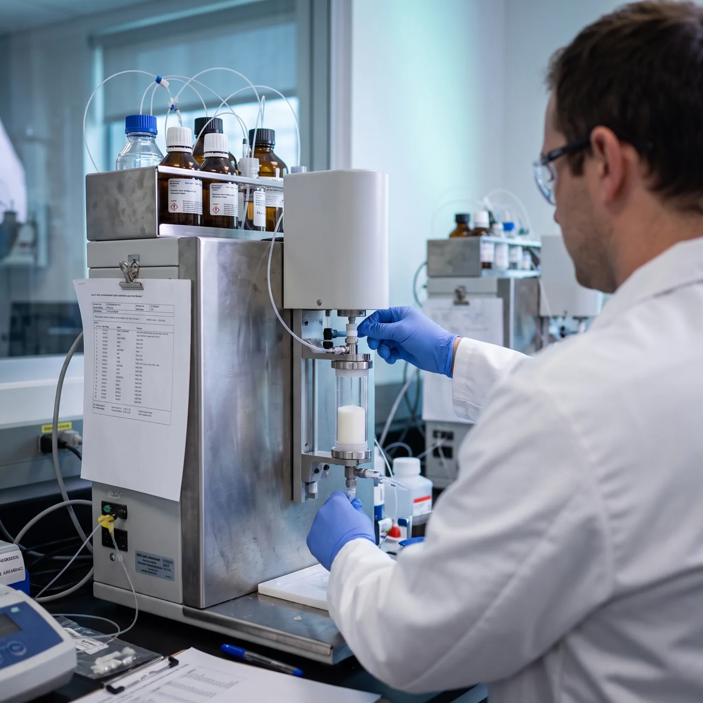 A chemist at the synthesizer, loading the resin column that builds the peptide chain